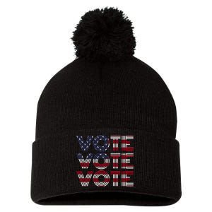 Vote Vote Vote Flag America Retro Election Simple Design Pom Pom 12in Knit Beanie