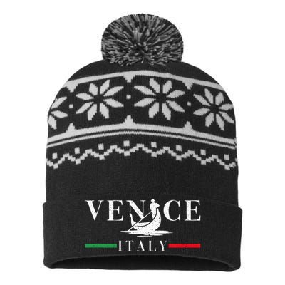 Vintage Venice With Gondola And Italy Flag USA-Made Snowflake Beanie