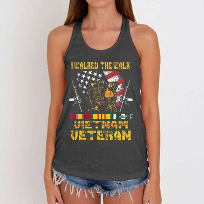 Vietnam Veteran With US Flag With Combat Boots Patriotic Women's Knotted Racerback Tank