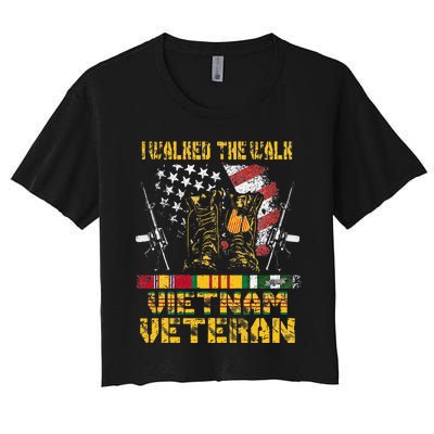 Vietnam Veteran With US Flag With Combat Boots Patriotic Women's Crop Top Tee