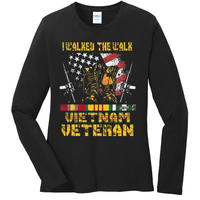 Vietnam Veteran With US Flag With Combat Boots Patriotic Ladies Long Sleeve Shirt