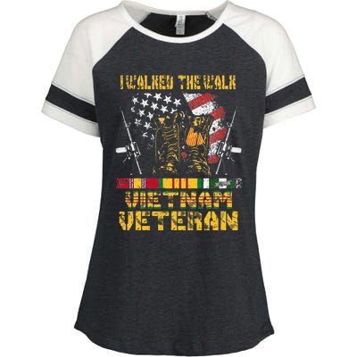 Vietnam Veteran With US Flag With Combat Boots Patriotic Enza Ladies Jersey Colorblock Tee