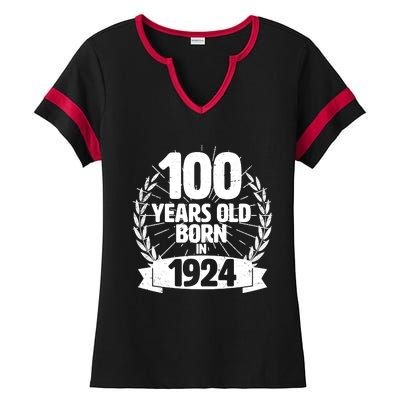 Vintage Wreath 100 Years Old Born In 1924 Birthday Ladies Halftime Notch Neck Tee