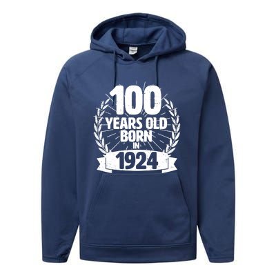 Vintage Wreath 100 Years Old Born In 1924 Birthday Performance Fleece Hoodie