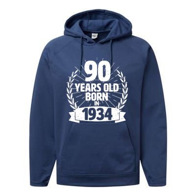 Vintage Wreath 90 Years Old Born In 1934 Birthday Performance Fleece Hoodie