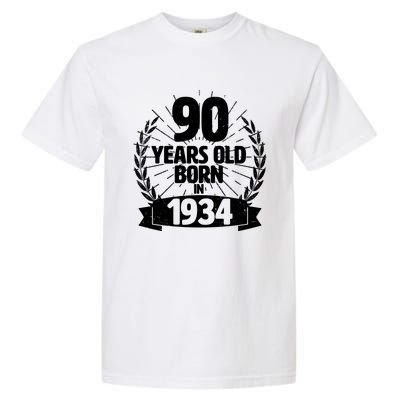 Vintage Wreath 90 Years Old Born In 1934 Birthday Garment-Dyed Heavyweight T-Shirt