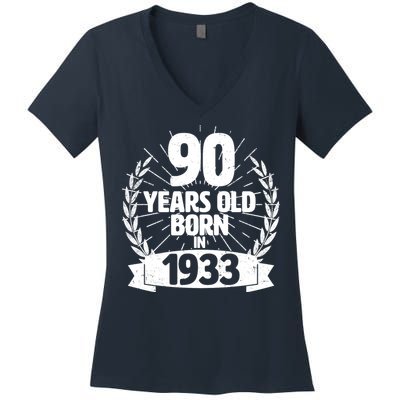 Vintage Wreath 90 Years Old Born In 1933 Birthday Women's V-Neck T-Shirt