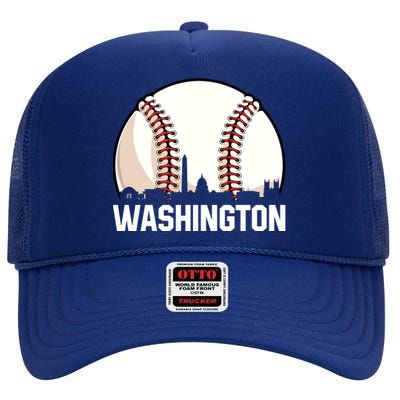 Vintage Washington Cityscape Retro Dad Baseball Lover Great Gift High Crown Mesh Back Trucker Hat