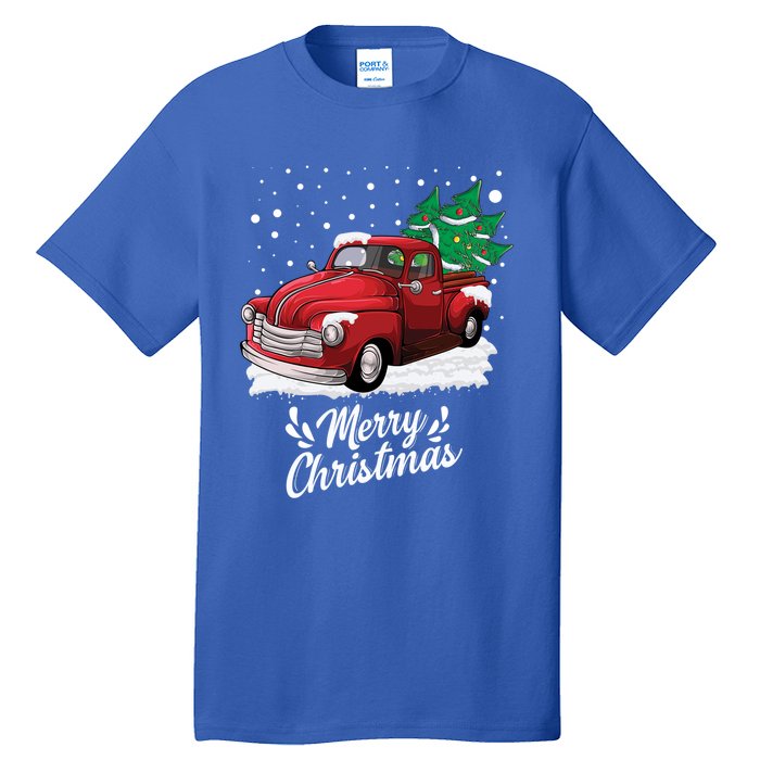 Vintage Wagon Christmas Tree On Car Xmas Red Truck Gift Tall T-Shirt