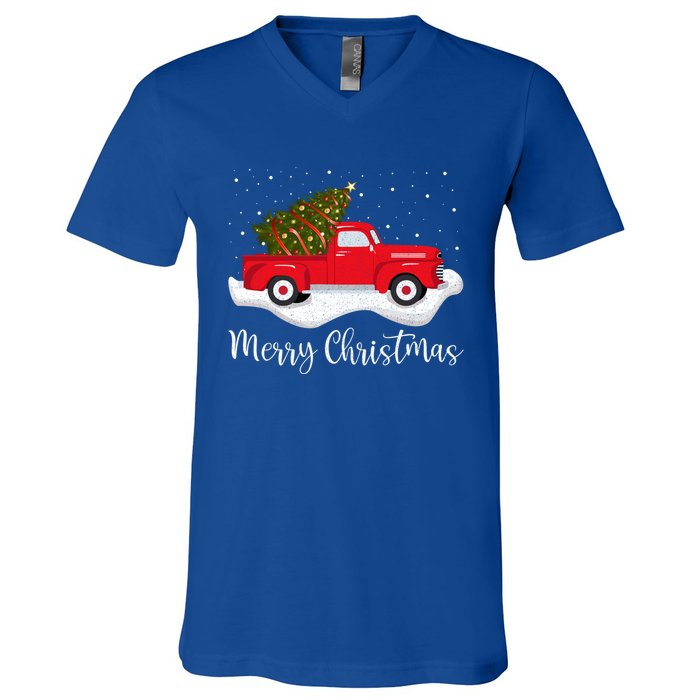 Vintage Wagon Christmas Cool Gift Tree On Car Xmas Red Truck Cool Gift V-Neck T-Shirt