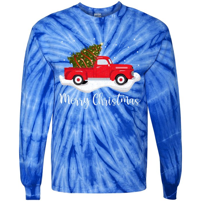 Vintage Wagon Christmas Cool Gift Tree On Car Xmas Red Truck Cool Gift Tie-Dye Long Sleeve Shirt