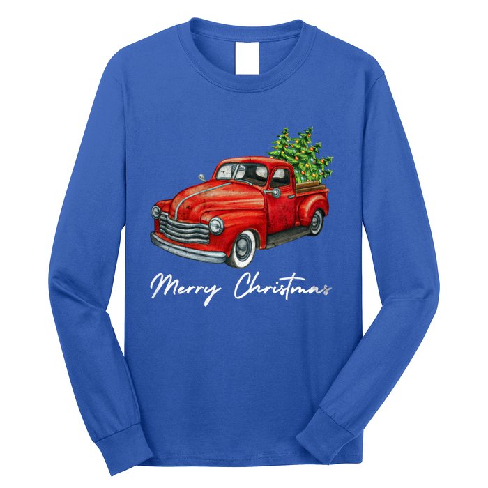 Vintage Wagon Christmas Tree On Red Truck Car Xmas Vacation Meaningful Gift Long Sleeve Shirt