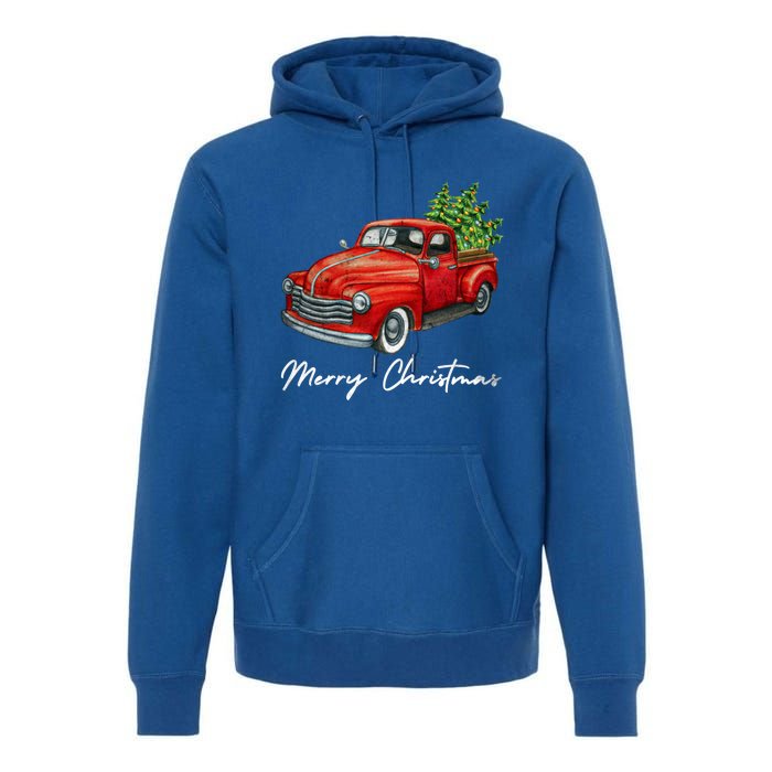 Vintage Wagon Christmas Tree On Red Truck Car Xmas Vacation Meaningful Gift Premium Hoodie