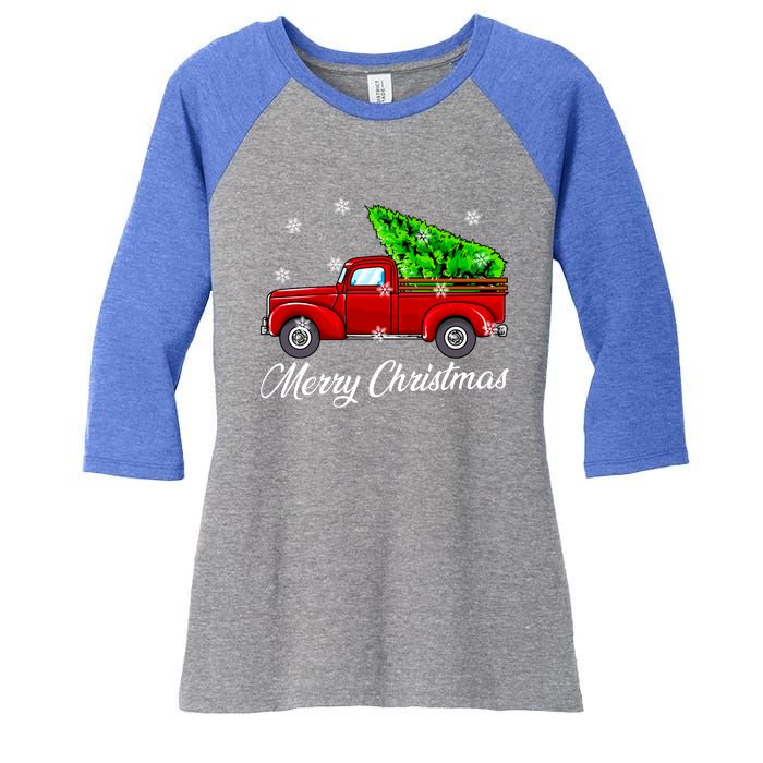 Vintage Wagon Christmas Tree Red Retro Farmer Truck Vacation Great Gift Women's Tri-Blend 3/4-Sleeve Raglan Shirt