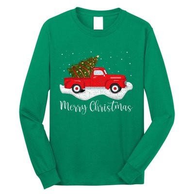 Vintage Wagon Christmas Tree On Car Xmas Red Truck Long Sleeve Shirt