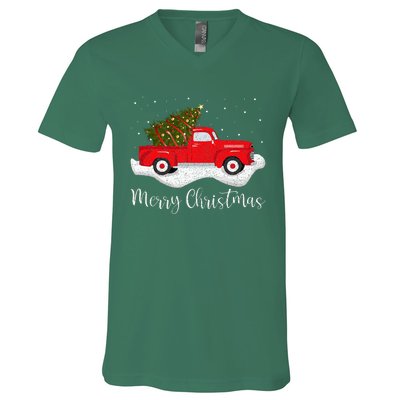 Vintage Wagon Christmas Tree On Car Xmas Red Truck V-Neck T-Shirt