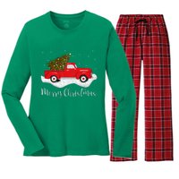 Vintage Wagon Christmas Tree On Car Xmas Red Truck Women's Long Sleeve Flannel Pajama Set 