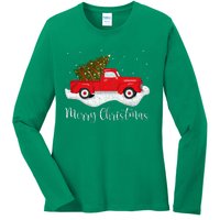 Vintage Wagon Christmas Tree On Car Xmas Red Truck Ladies Long Sleeve Shirt