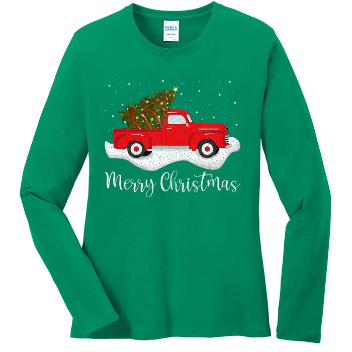 Vintage Wagon Christmas Tree On Car Xmas Red Truck Ladies Long Sleeve Shirt