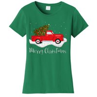 Vintage Wagon Christmas Tree On Car Xmas Red Truck Women's T-Shirt