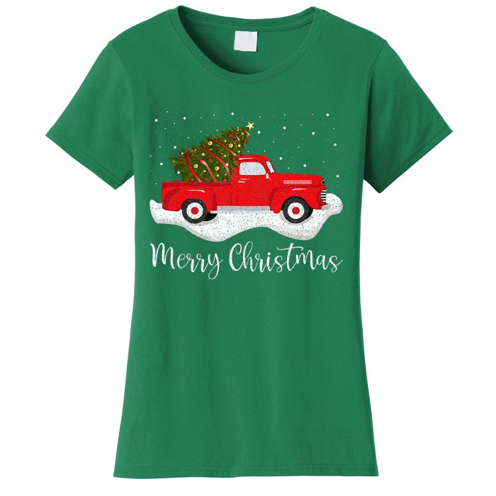 Vintage Wagon Christmas Tree On Car Xmas Red Truck Women's T-Shirt