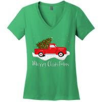 Vintage Wagon Christmas Tree On Car Xmas Red Truck Women's V-Neck T-Shirt