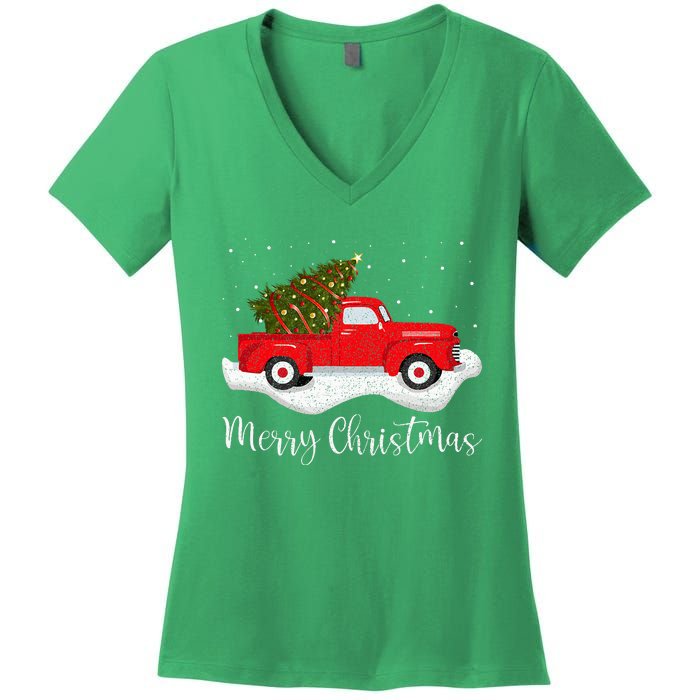 Vintage Wagon Christmas Tree On Car Xmas Red Truck Women's V-Neck T-Shirt