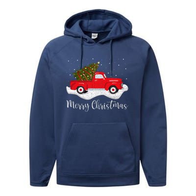 Vintage Wagon Christmas Tree On Car Xmas Red Truck Performance Fleece Hoodie