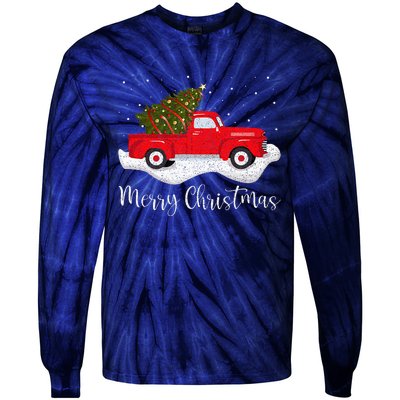 Vintage Wagon Christmas Tree On Car Xmas Red Truck Tie-Dye Long Sleeve Shirt