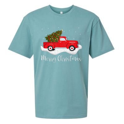 Vintage Wagon Christmas Tree On Car Xmas Red Truck Sueded Cloud Jersey T-Shirt