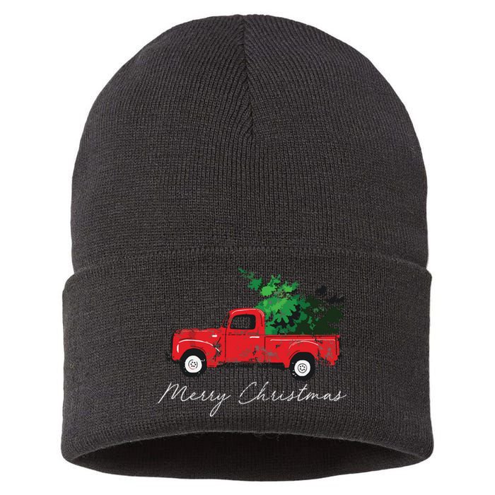 Vintage Wagon Christmas Tree On Car Xmas Vacation Sustainable Knit Beanie