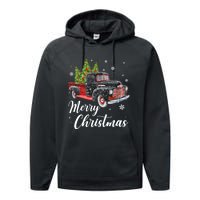 Vintage Wagon Christmas Tree On Car Xmas Red Truck Performance Fleece Hoodie