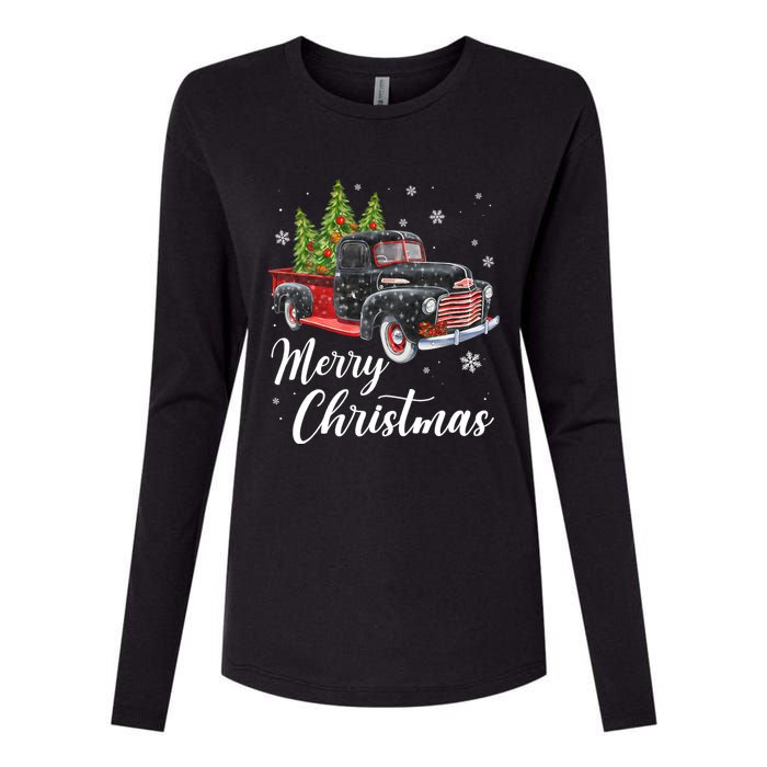 Vintage Wagon Christmas Tree On Car Xmas Red Truck Womens Cotton Relaxed Long Sleeve T-Shirt