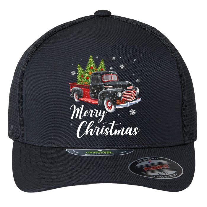 Vintage Wagon Christmas Tree On Car Xmas Red Truck Flexfit Unipanel Trucker Cap