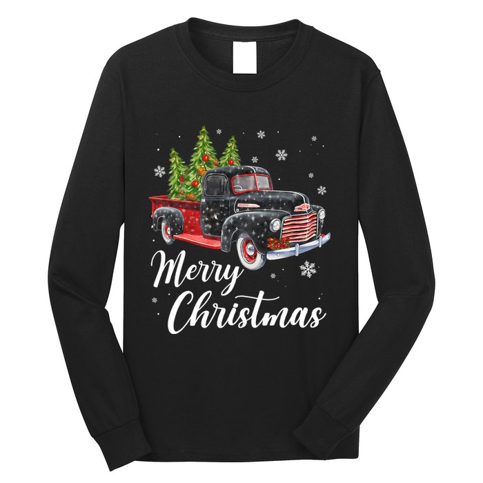 Vintage Wagon Christmas Tree On Car Xmas Red Truck Long Sleeve Shirt