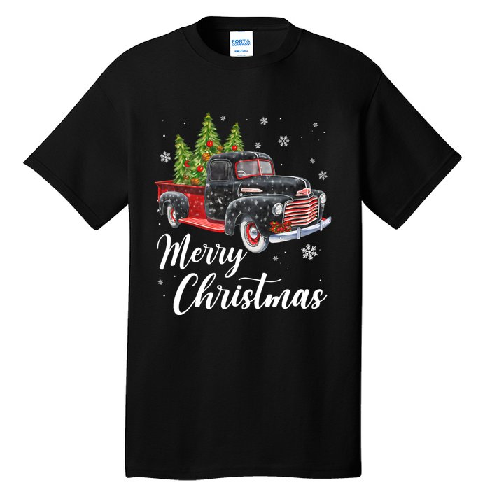 Vintage Wagon Christmas Tree On Car Xmas Red Truck Tall T-Shirt