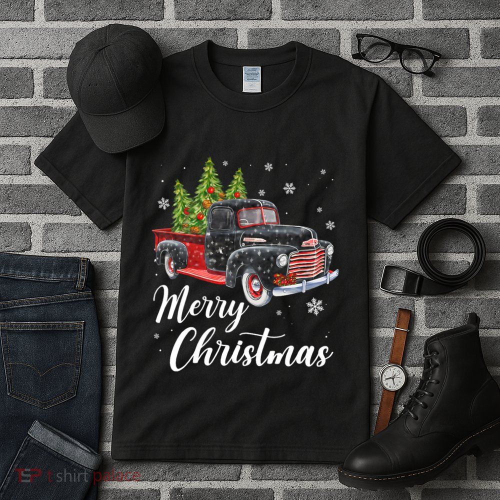 Vintage Wagon Christmas Tree On Car Xmas Red Truck Tall T-Shirt