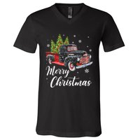 Vintage Wagon Christmas Tree On Car Xmas Red Truck V-Neck T-Shirt