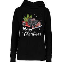 Vintage Wagon Christmas Tree On Car Xmas Red Truck Womens Funnel Neck Pullover Hood