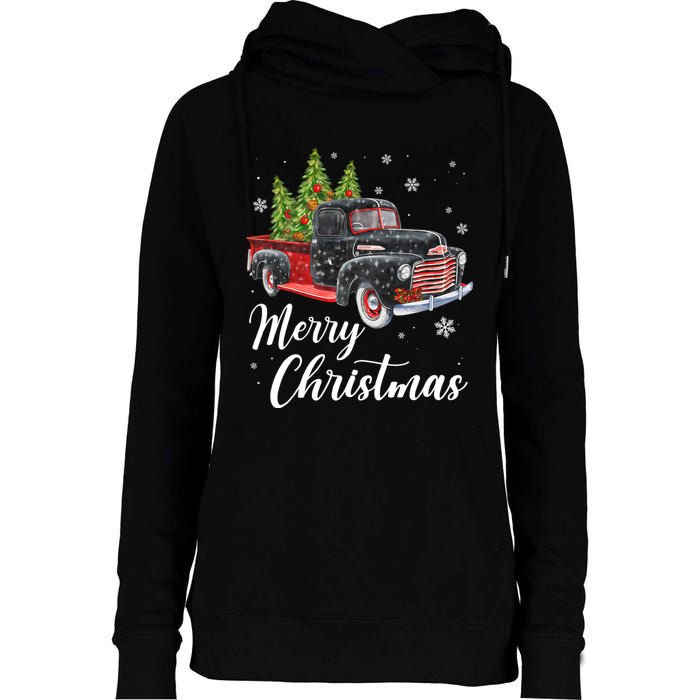 Vintage Wagon Christmas Tree On Car Xmas Red Truck Womens Funnel Neck Pullover Hood