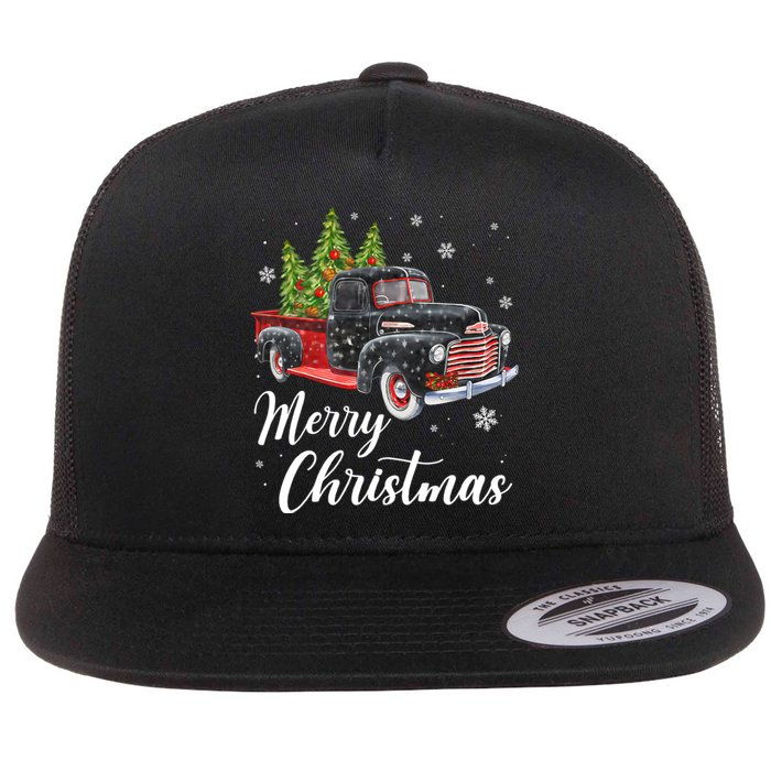 Vintage Wagon Christmas Tree On Car Xmas Red Truck Flat Bill Trucker Hat