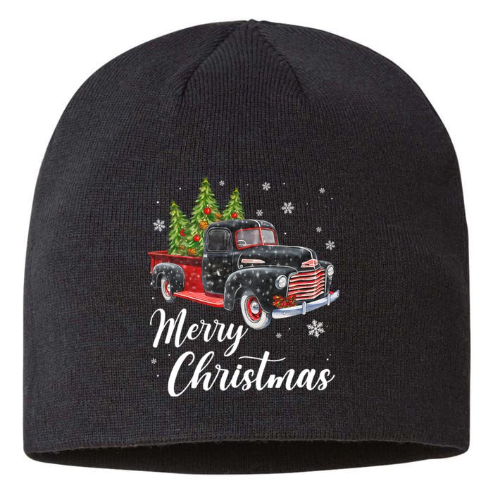 Vintage Wagon Christmas Tree On Car Xmas Red Truck Sustainable Beanie