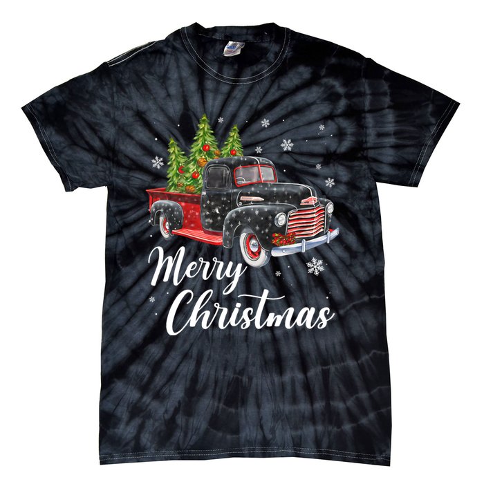 Vintage Wagon Christmas Tree On Car Xmas Red Truck Tie-Dye T-Shirt