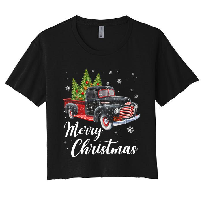 Vintage Wagon Christmas Tree On Car Xmas Red Truck Women's Crop Top Tee