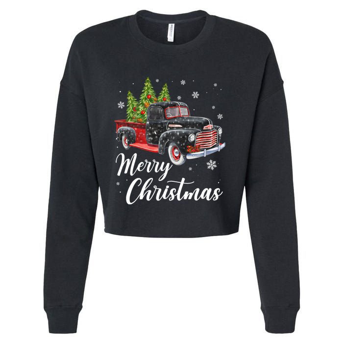 Vintage Wagon Christmas Tree On Car Xmas Red Truck Cropped Pullover Crew