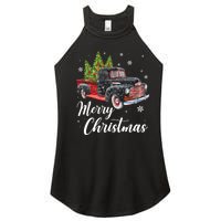 Vintage Wagon Christmas Tree On Car Xmas Red Truck Women's Perfect Tri Rocker Tank