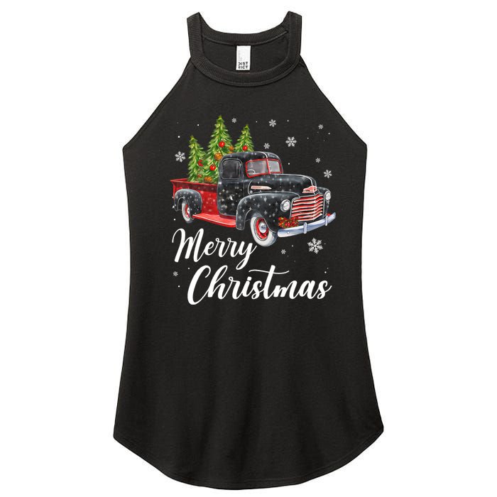 Vintage Wagon Christmas Tree On Car Xmas Red Truck Women's Perfect Tri Rocker Tank