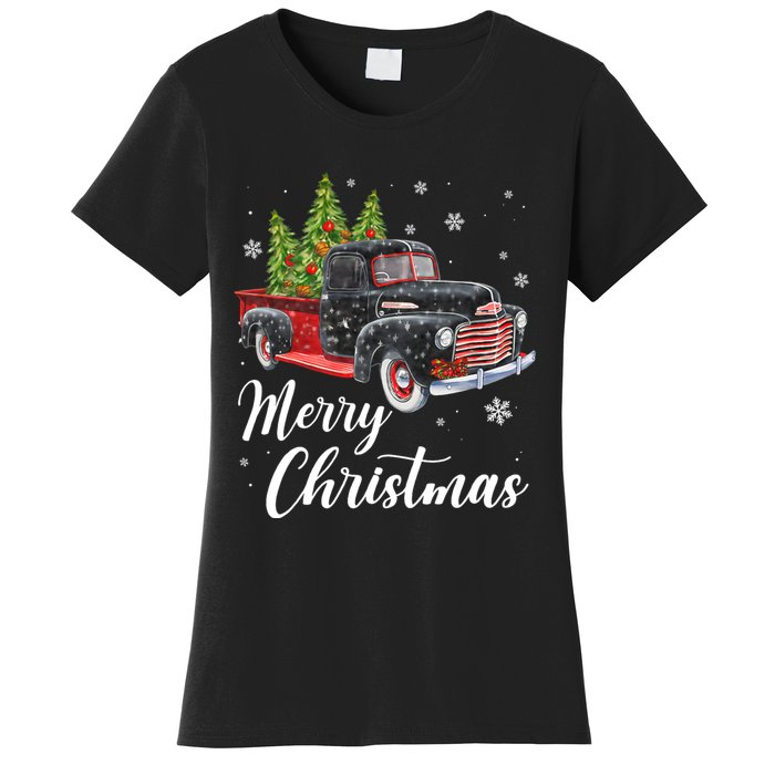 Vintage Wagon Christmas Tree On Car Xmas Red Truck Women's T-Shirt