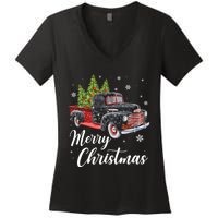 Vintage Wagon Christmas Tree On Car Xmas Red Truck Women's V-Neck T-Shirt