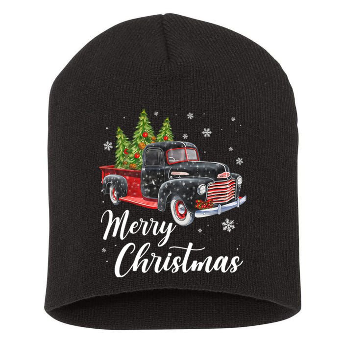 Vintage Wagon Christmas Tree On Car Xmas Red Truck Short Acrylic Beanie